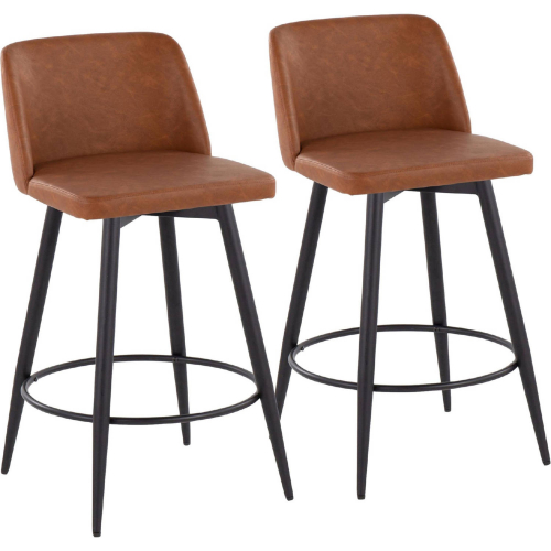 Toriano 26" Swivel Counter Stool in Camel Leatherette & Black Metal w/ Round Footrest (Set of 2)